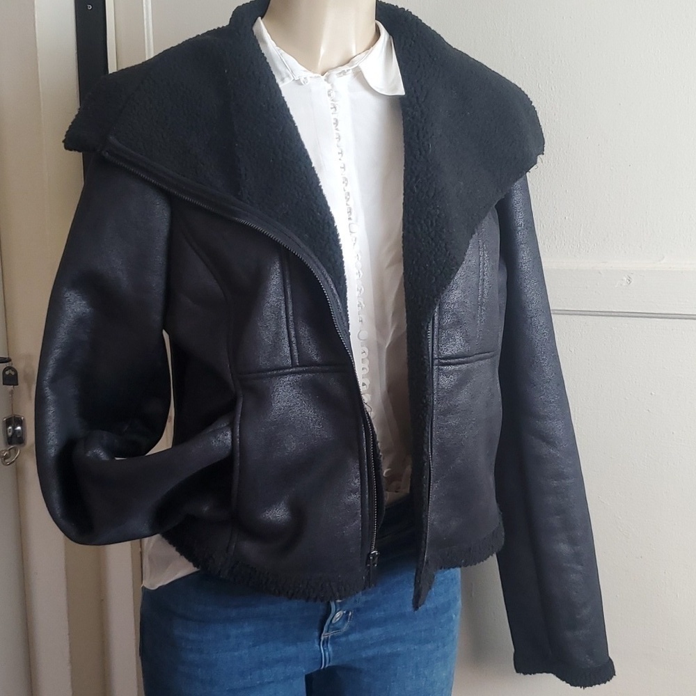 Maralyn And Me Women’s Black Faux Shearling Asymmetrical Zip Jacket, Size XL